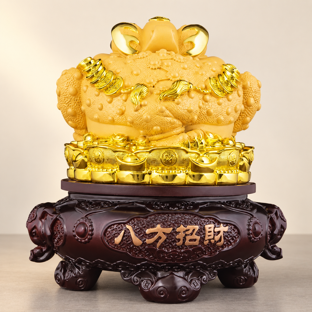 Golden money frog ornament — rear view