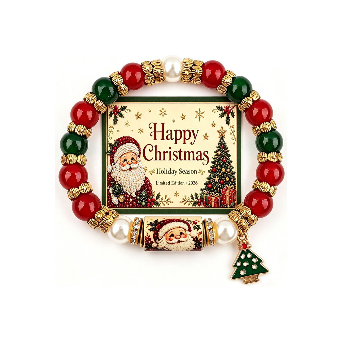 Christmas Wish Beaded Bracelet with Message Card — Santa & Tree with message card on white