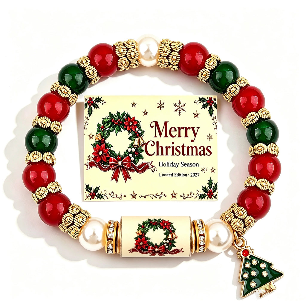 Christmas Wish Beaded Bracelet with Message Card — Holiday Wreath A with message card on white