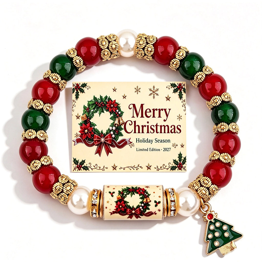 Christmas Wish Beaded Bracelet with Message Card — Holiday Wreath B with message card on white