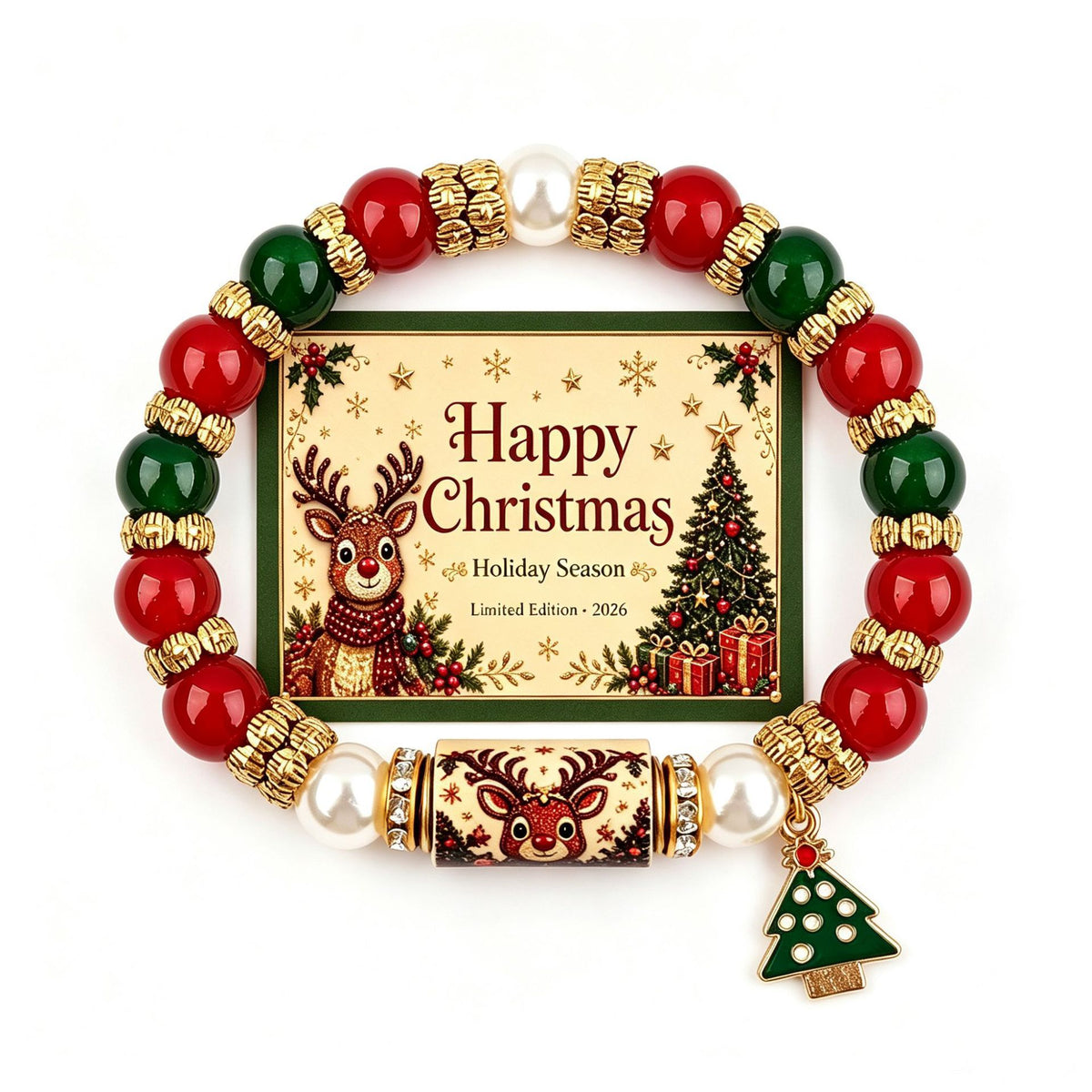 Christmas Wish Beaded Bracelet with Message Card — Reindeer & Tree with message card on white