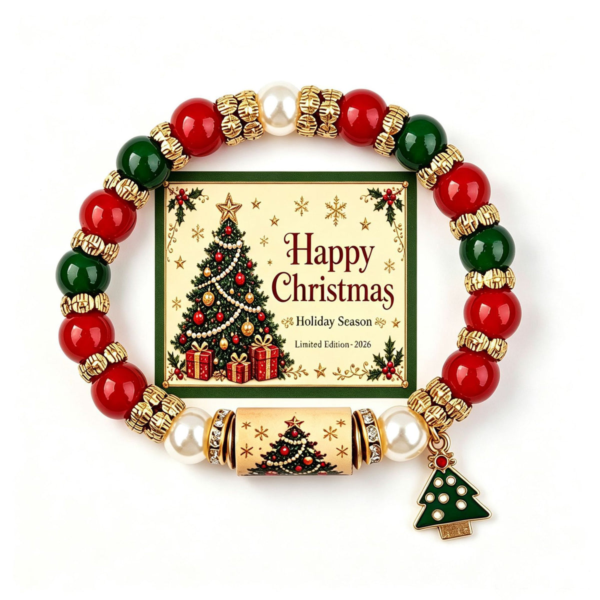 Christmas Wish Beaded Bracelet with Message Card — Christmas Tree with message card on white