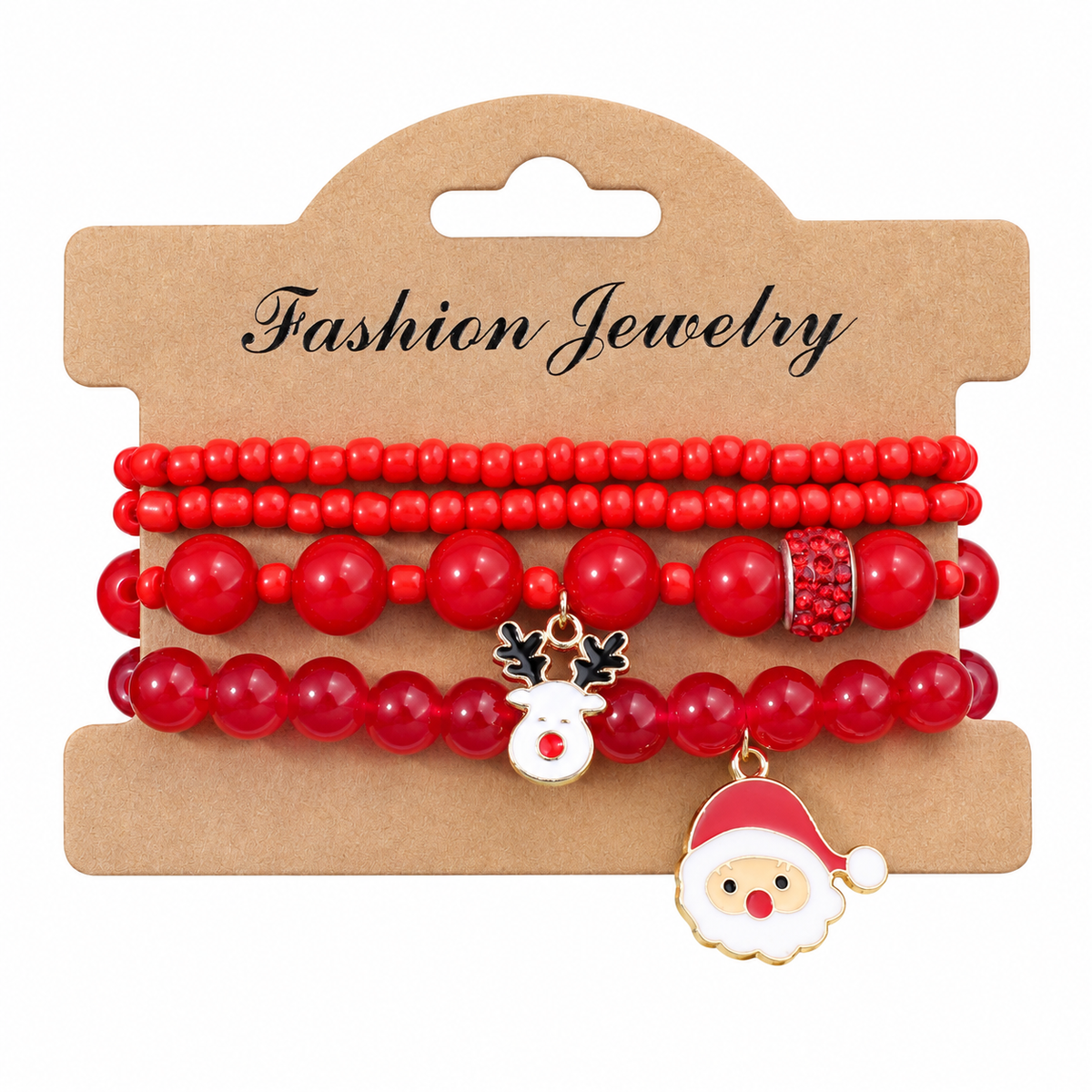 Santa Red — Christmas charm bracelet four-piece set, overhead view on white