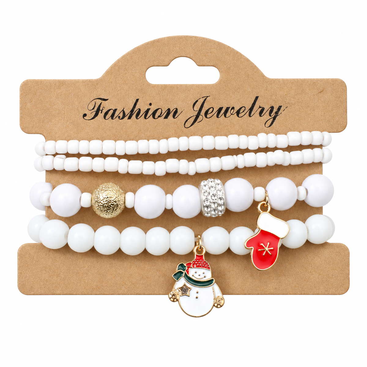 Snowman White — Christmas charm bracelet four-piece set, overhead view on white