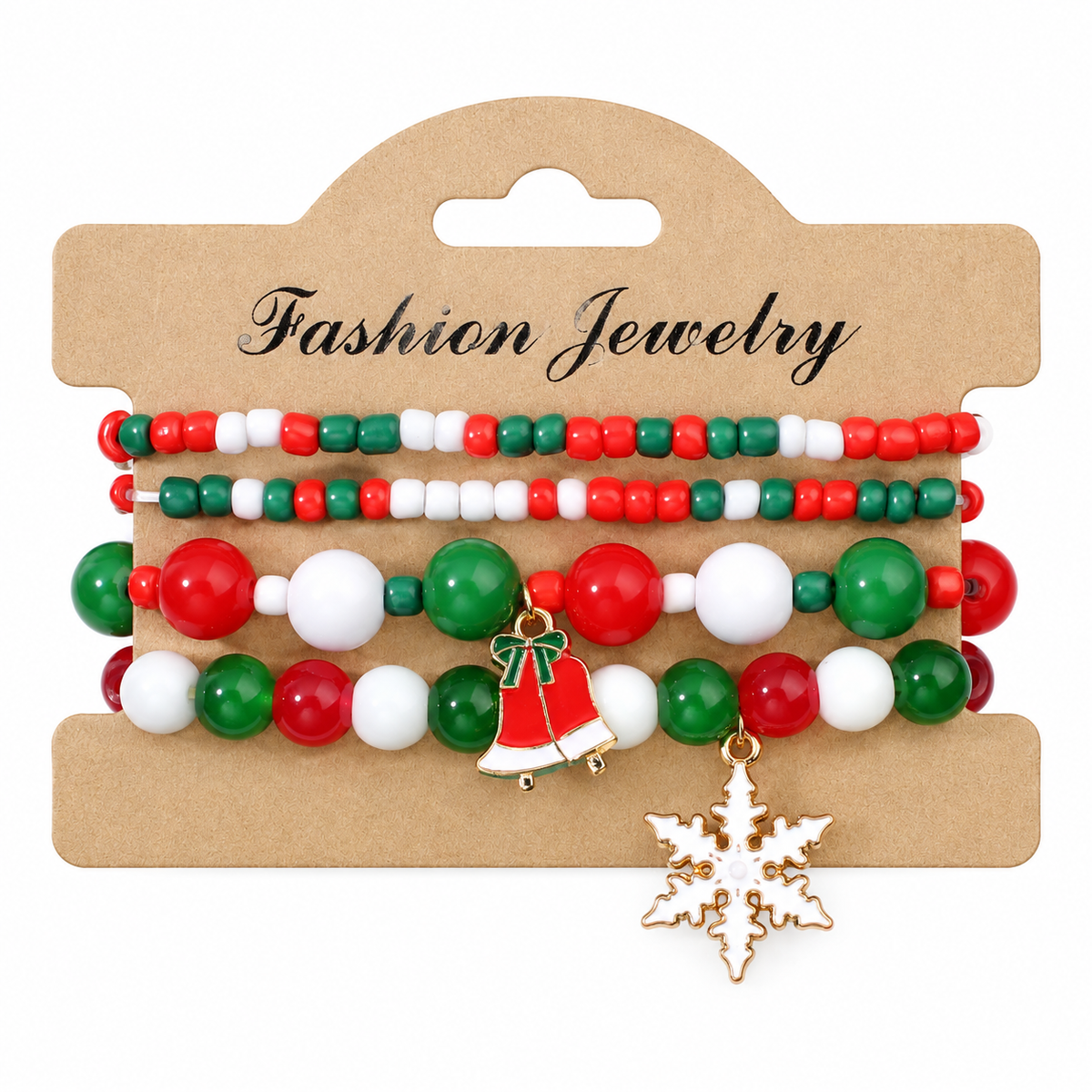 Bells & Snowflake — Christmas charm bracelet four-piece set, overhead view on white