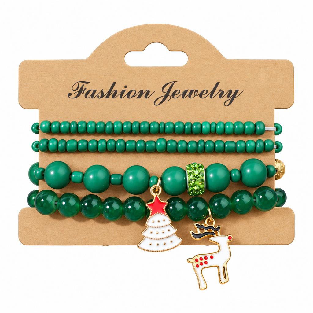 Green Tree & Reindeer — Christmas charm bracelet four-piece set, overhead view on white
