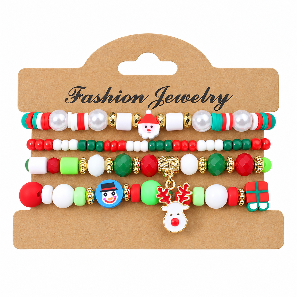 Festive Character Mix — Christmas charm bracelet four-piece set, overhead view on white