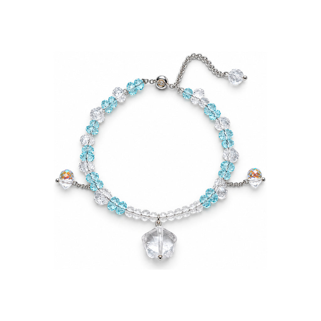 Ice Veil Blue and Clear Beaded Charm Bracelet — overhead view on white