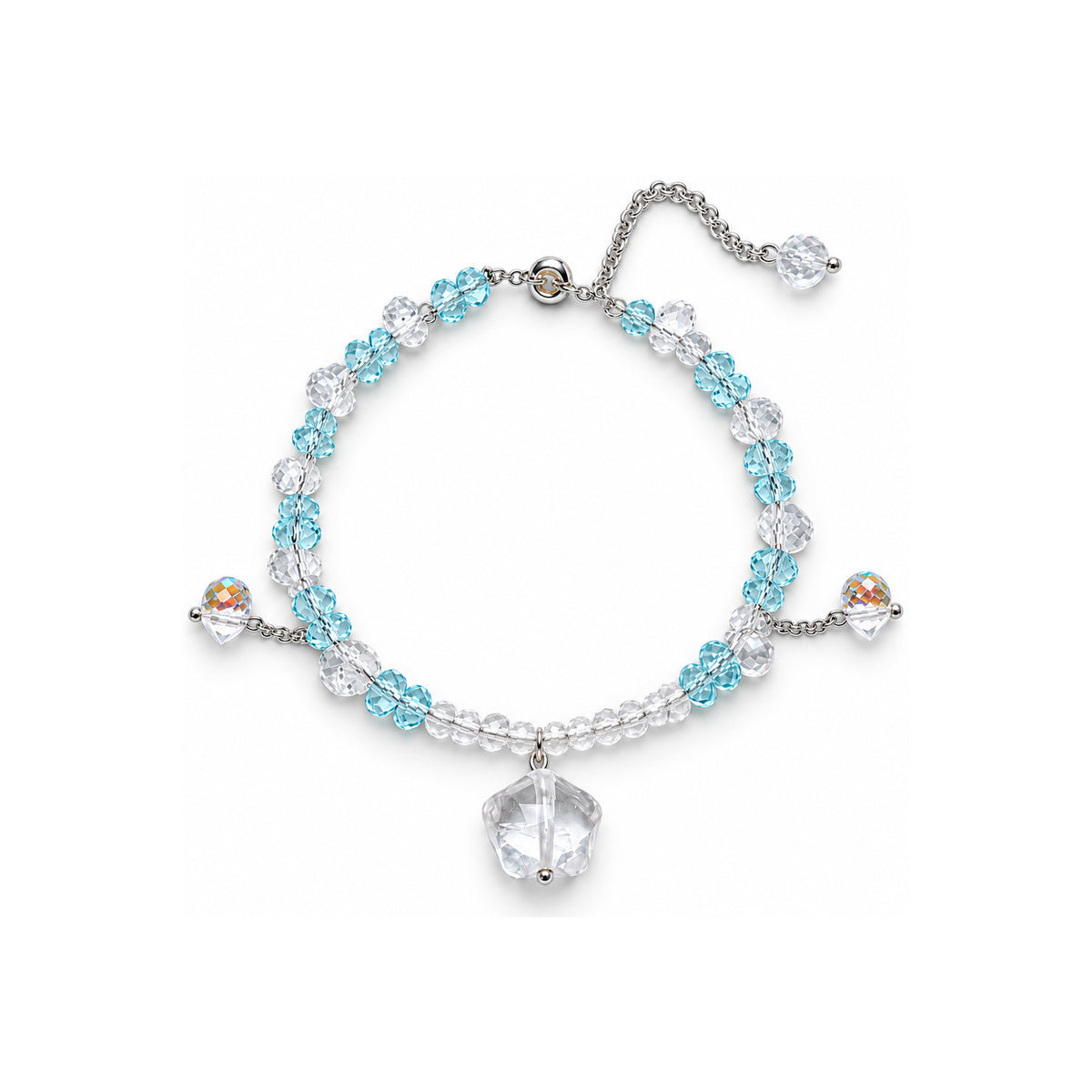 Ice Veil Blue and Clear Beaded Charm Bracelet — overhead view on white