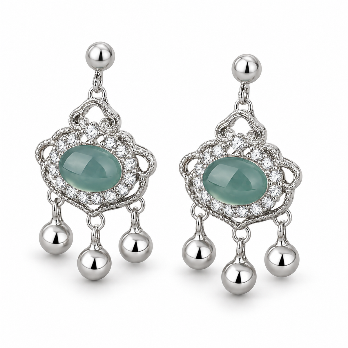 Ruyi Blue Oval Drop Earrings — pair angled view on white