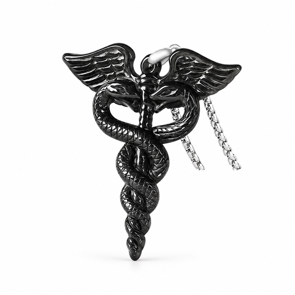 Black Winged Serpent Pendant Necklace — angled front view on white