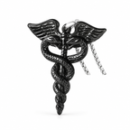 Black Winged Serpent Pendant Necklace — angled front view on white