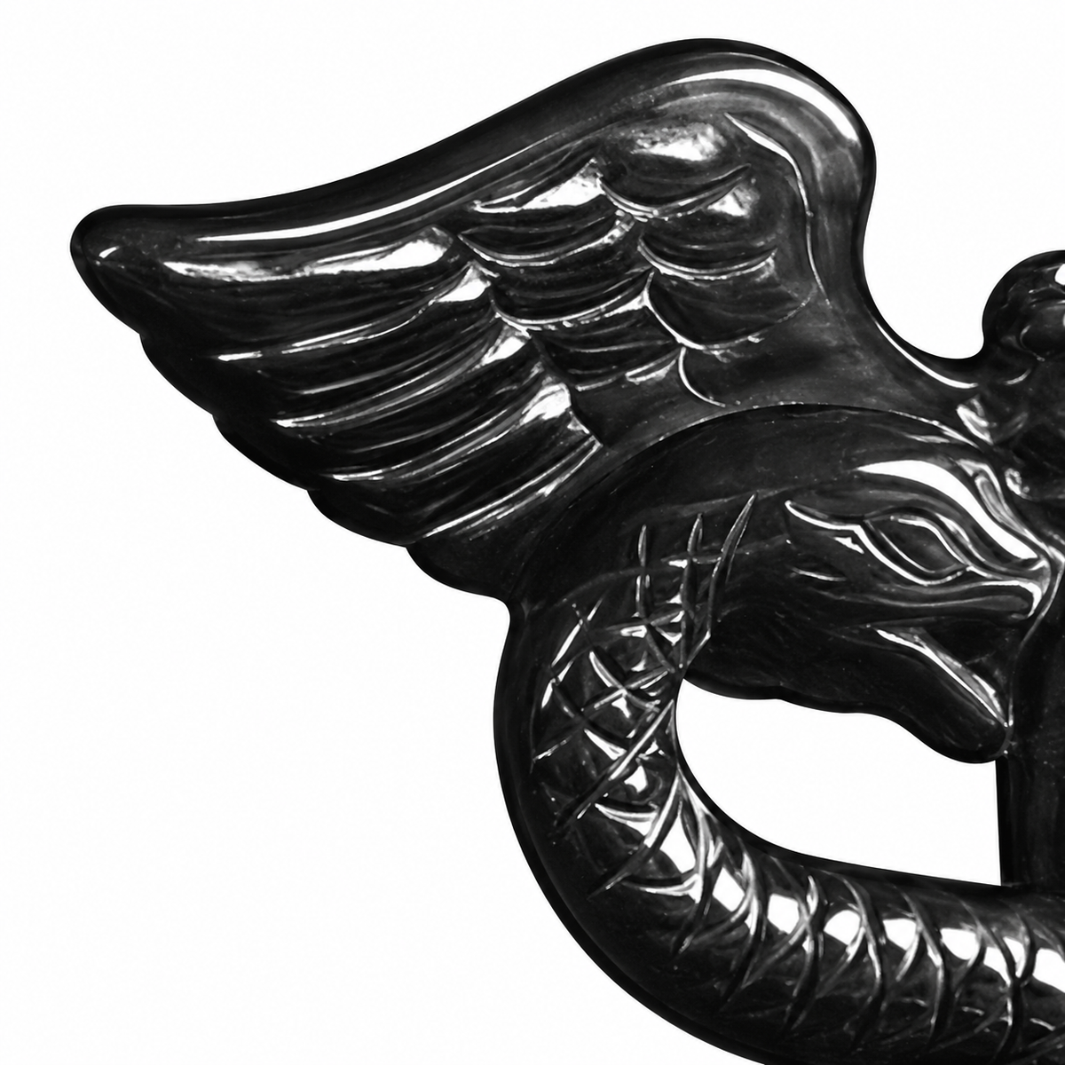 Black Winged Serpent Pendant Necklace — carved wing and serpent head detail