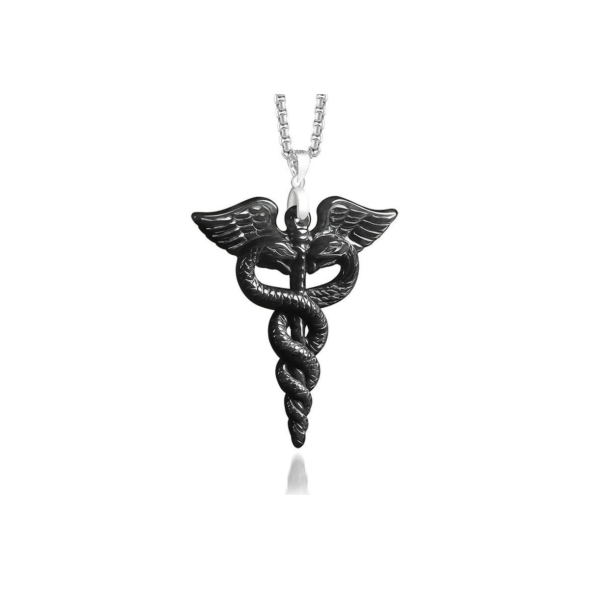 Black Winged Serpent Pendant Necklace — front view on white