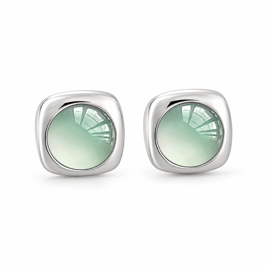 Mint Halo Square Stud Earrings — pair angled view on white