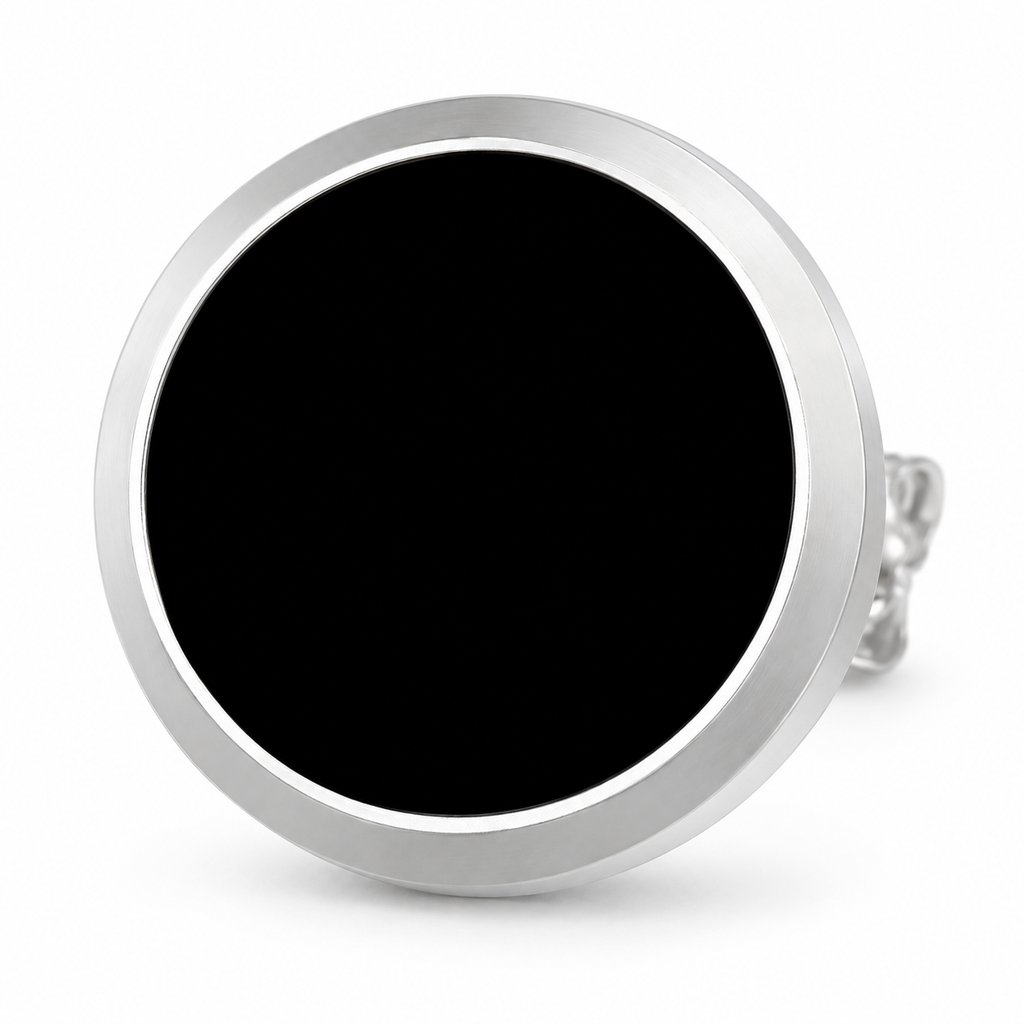 Midnight Circle Stud Earrings — black face and silver rim detail