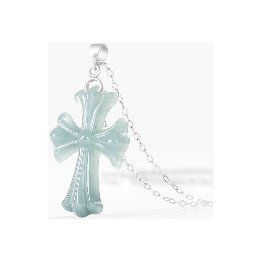 Pale Blue Cross Pendant Necklace — angled front view