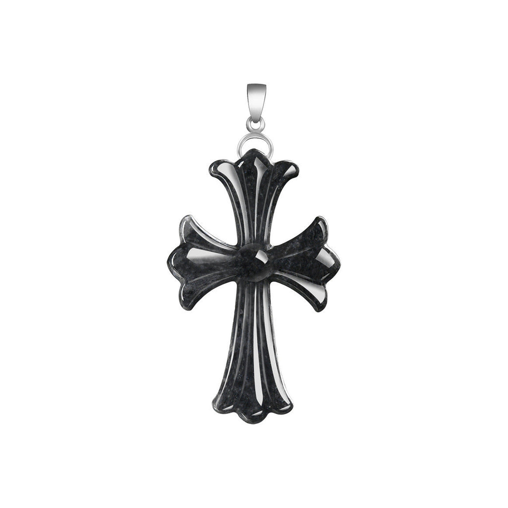 Dark Sculpted Cross Pendant Necklace — carved front detail