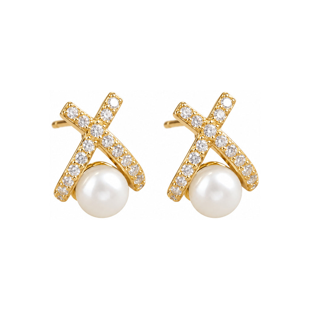 Crossed Ribbon Pearl Stud Earrings - pair view