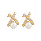 Crossed Ribbon Pearl Stud Earrings - pair view