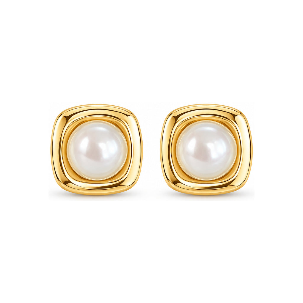 Gold Tone Square Pearl Stud Earrings - pair view