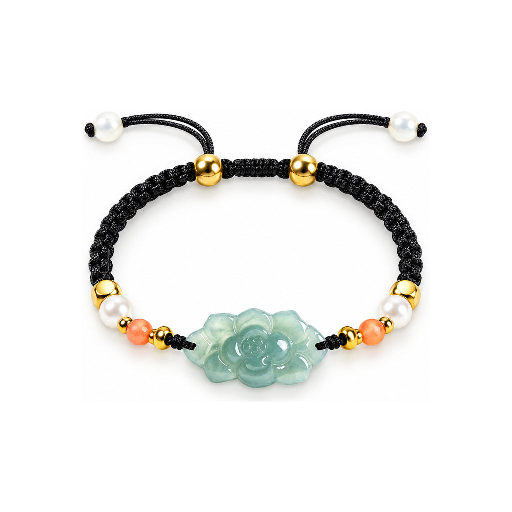 Blue Green Lotus Braided Bracelet - overhead view on white