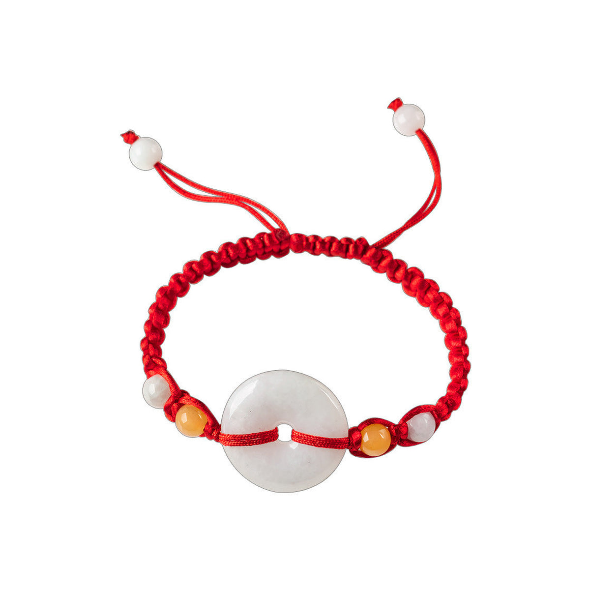 Pale Ring Red Cord Bracelet - overhead view on white