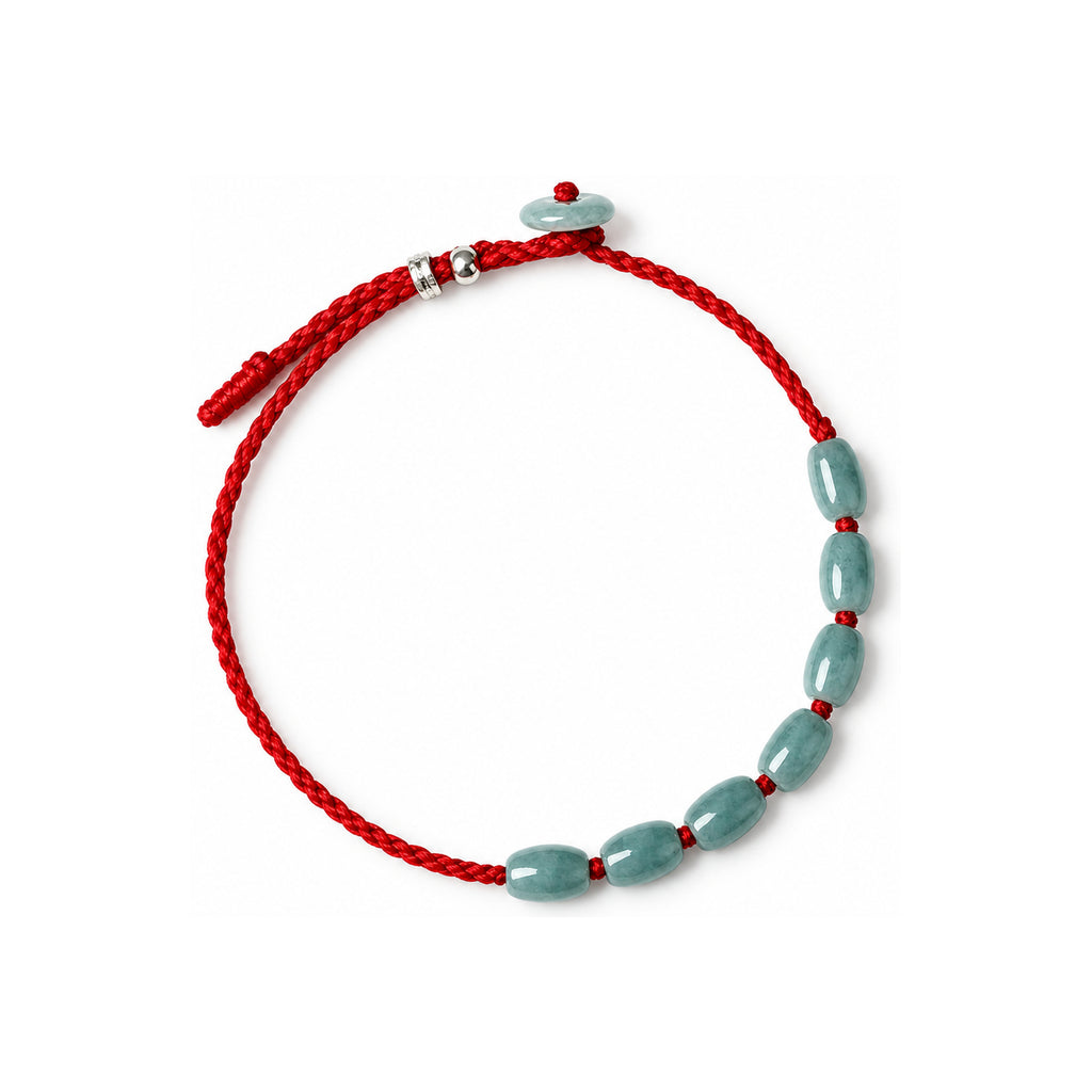Seven Oval Bead Red Cord Bracelet - overhead view on white