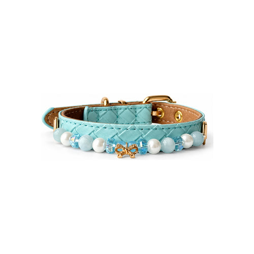 Aqua Bow Beaded Pet Collar — front view on white background