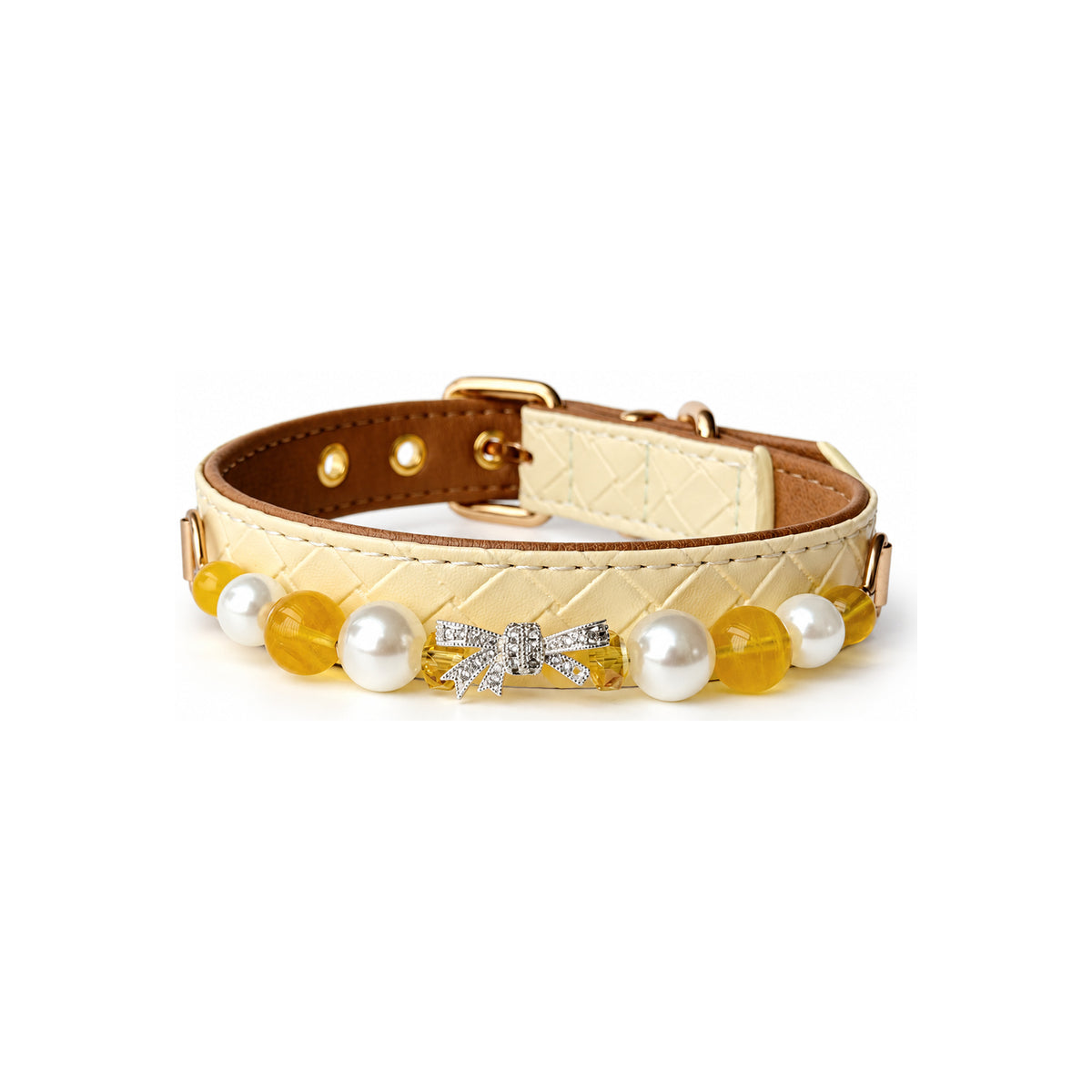 Golden Bow Beaded Pet Collar — front view on white background