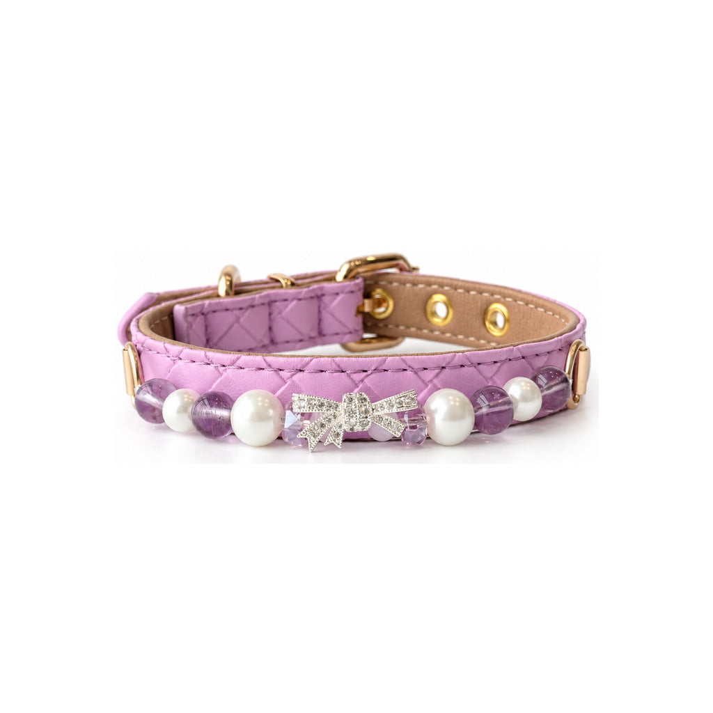 Lilac Bow Beaded Pet Collar — front view on white background