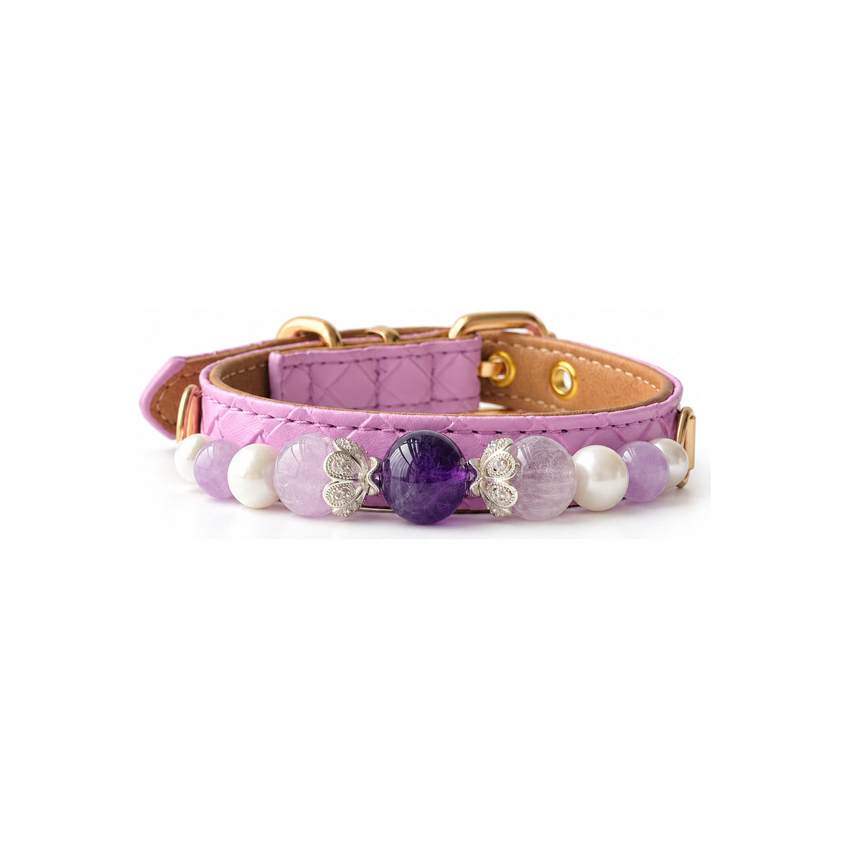 Violet Butterfly Beaded Pet Collar - front view
