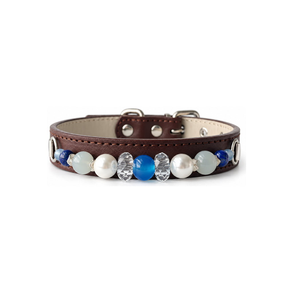 Blue Pearl Beaded Pet Collar - front view
