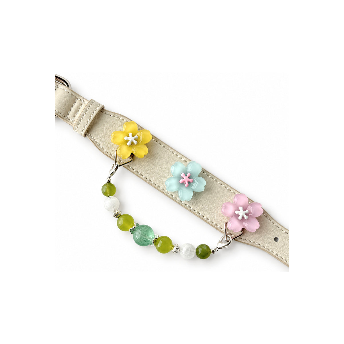 Green Meadow Blossom Beaded Pet Collar - flower and bead drape view