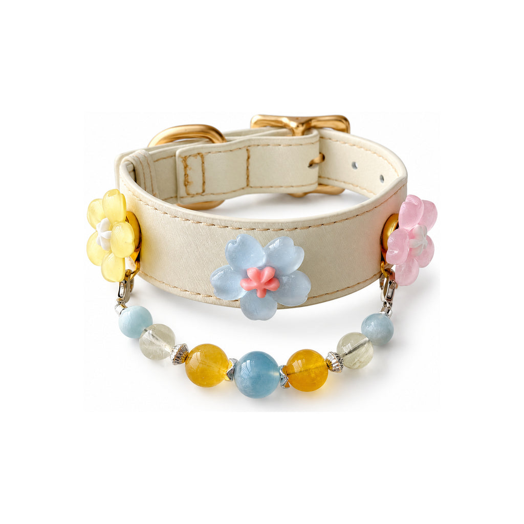 Aqua Sunflower Beaded Pet Collar - product display view