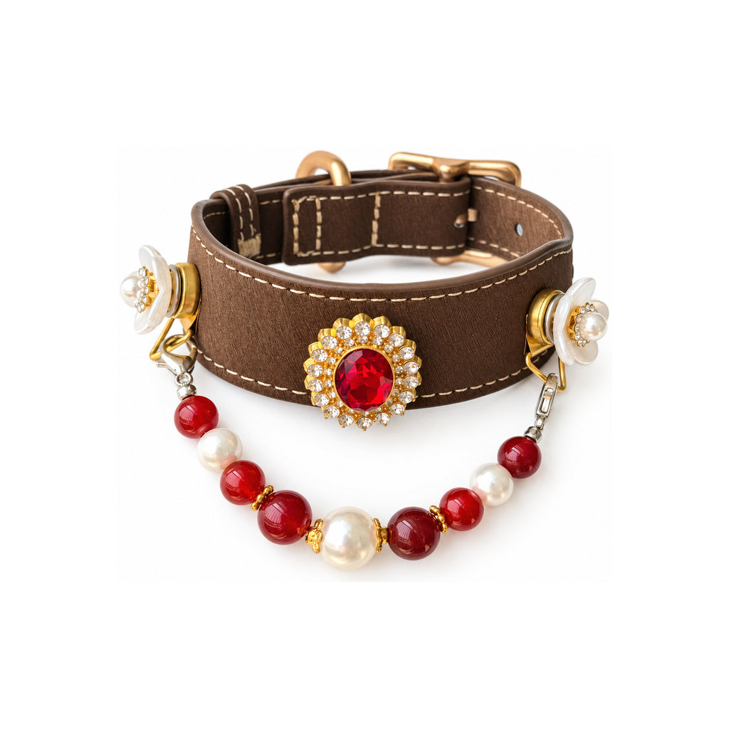 Scarlet Pearl Crest Beaded Pet Collar - product display view