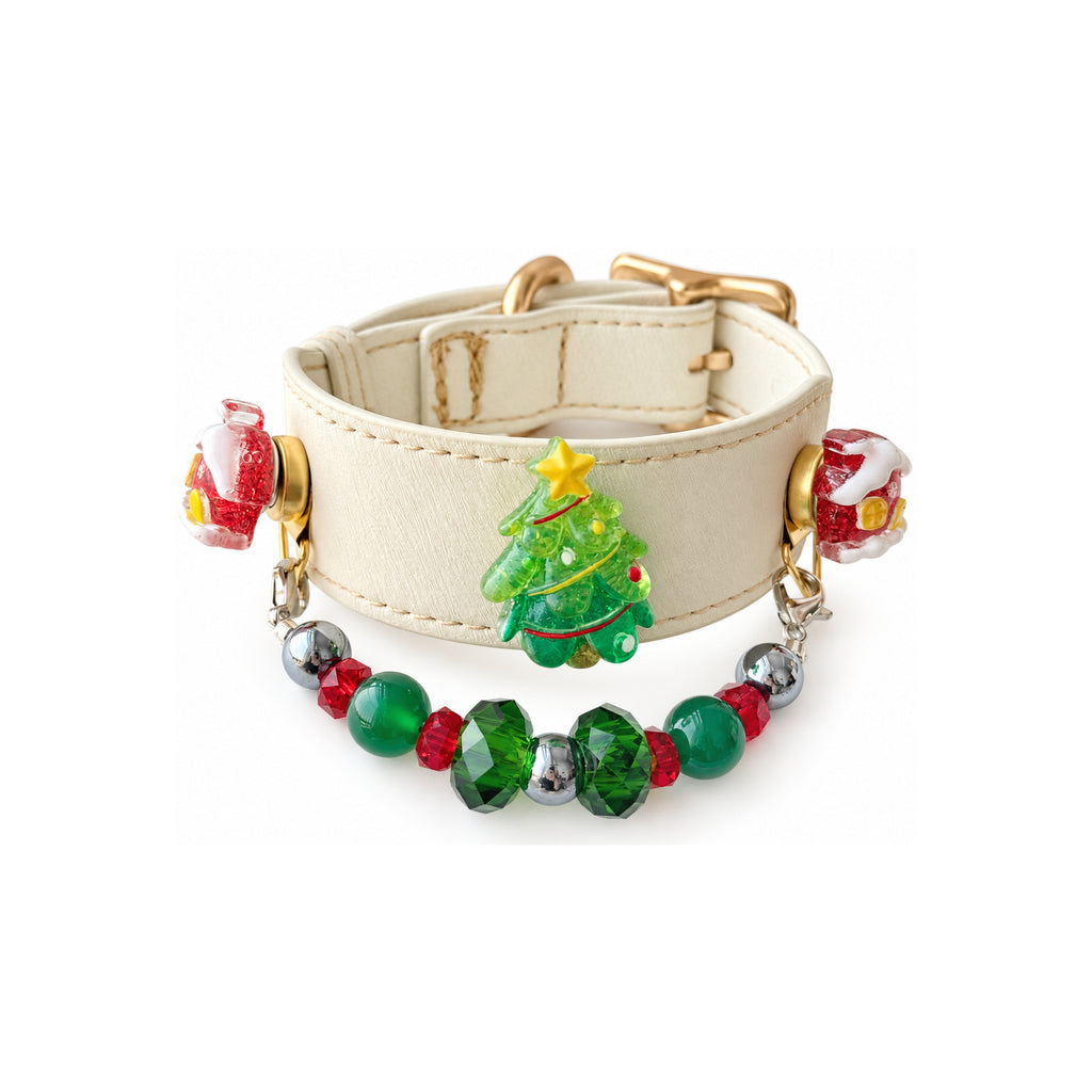 Evergreen Christmas Cream Beaded Pet Collar - product display view