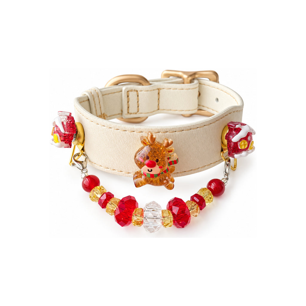 Scarlet Reindeer Cream Beaded Pet Collar - product display view