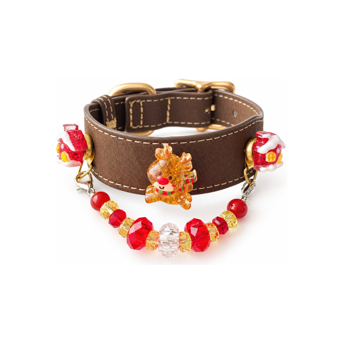 Scarlet Reindeer Cocoa Beaded Pet Collar - product display view