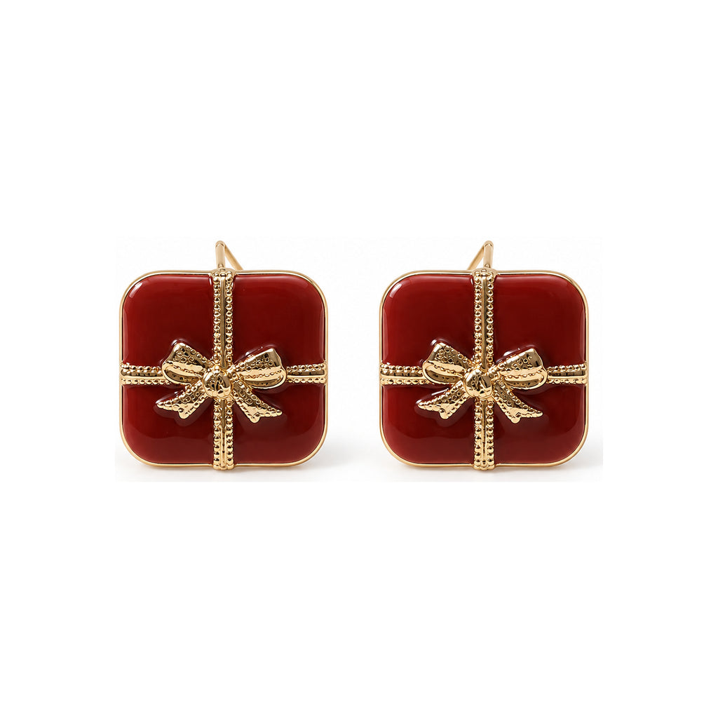 Burgundy Bow Square Stud Earrings — front pair on white