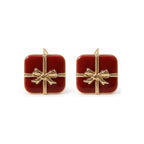 Burgundy Bow Square Stud Earrings — front pair on white