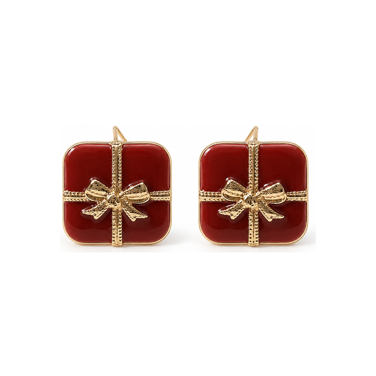 Burgundy Bow Square Stud Earrings — front pair on white