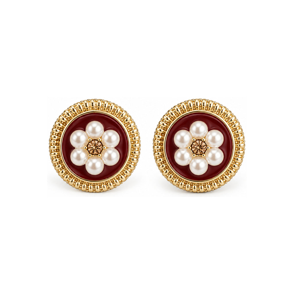 Burgundy Floral Pearl-Look Stud Earrings — front pair on white