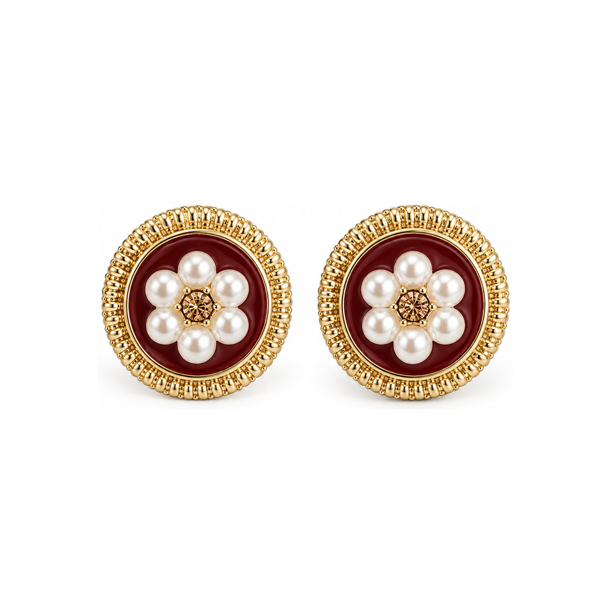 Burgundy Floral Pearl-Look Stud Earrings — front pair on white