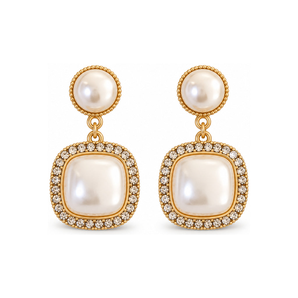 Square Pearl-Look Halo Drop Earrings — front pair on white