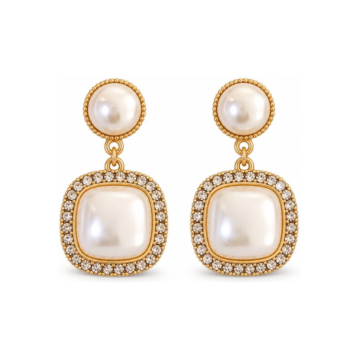 Square Pearl-Look Halo Drop Earrings — front pair on white