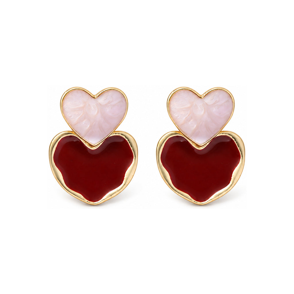 Burgundy Double Heart Drop Earrings — front pair on white