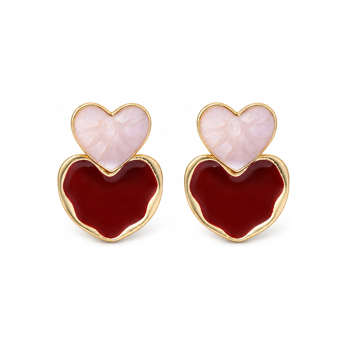 Burgundy Double Heart Drop Earrings — front pair on white