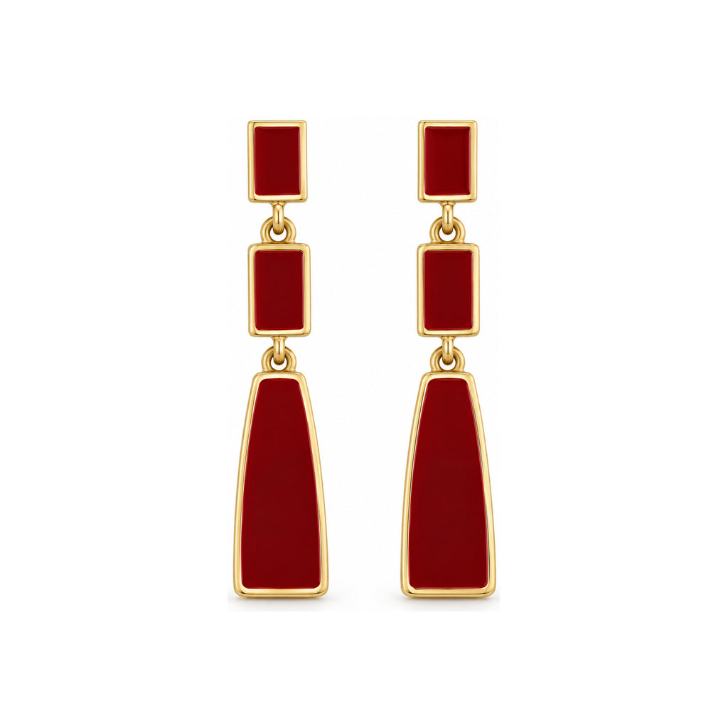 Burgundy Geometric Tiered Drop Earrings — front pair on white