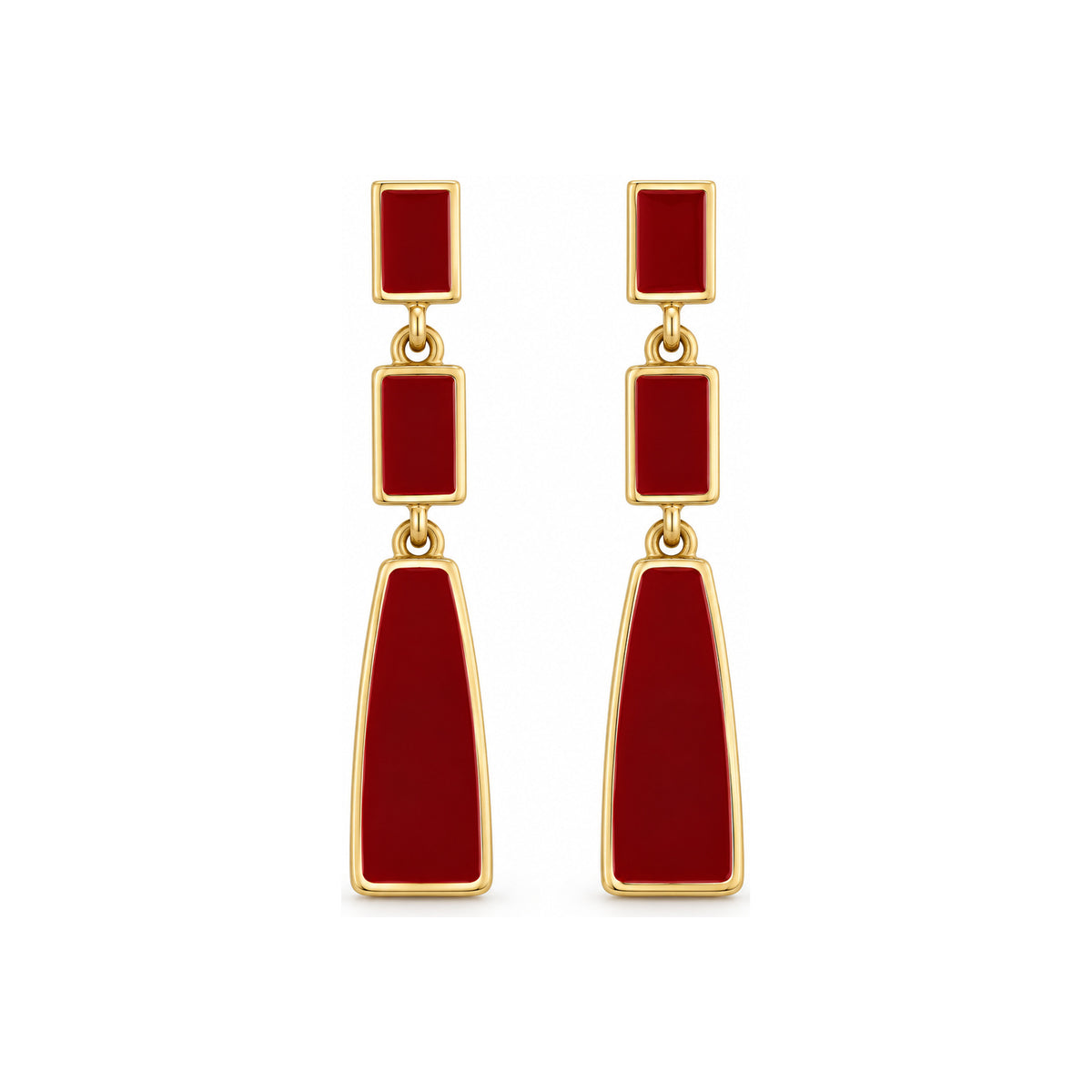 Burgundy Geometric Tiered Drop Earrings — front pair on white